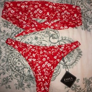 Brand New Zaful Red Floral Bandeau Bikini